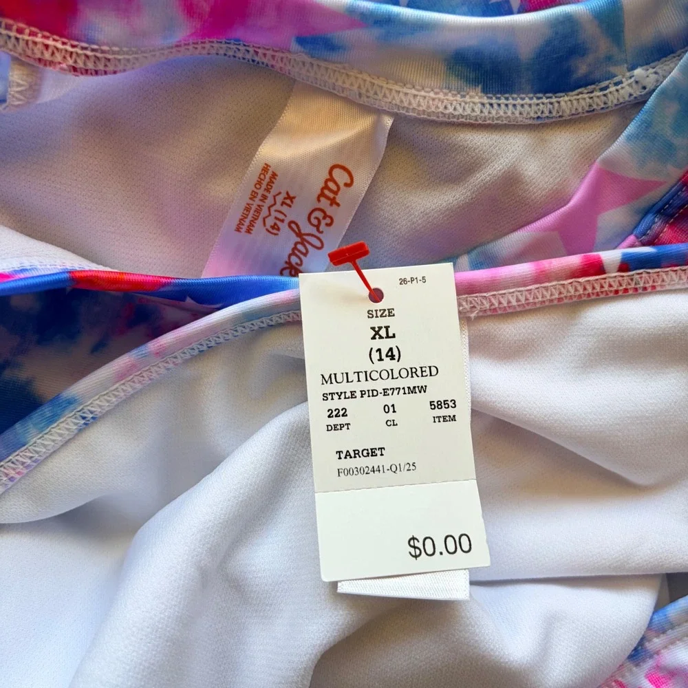 Cat & Jack Patriotic Tie Dye Stars Rash Guard Bikini Swim Bathing Suit XL 14 NWT